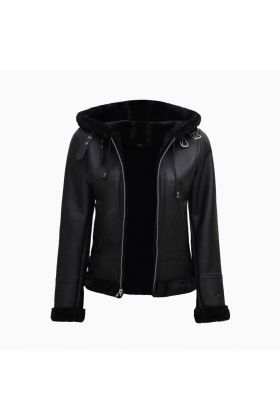 Wholesale Fur Hooded Aviator Leather Jacket for Women