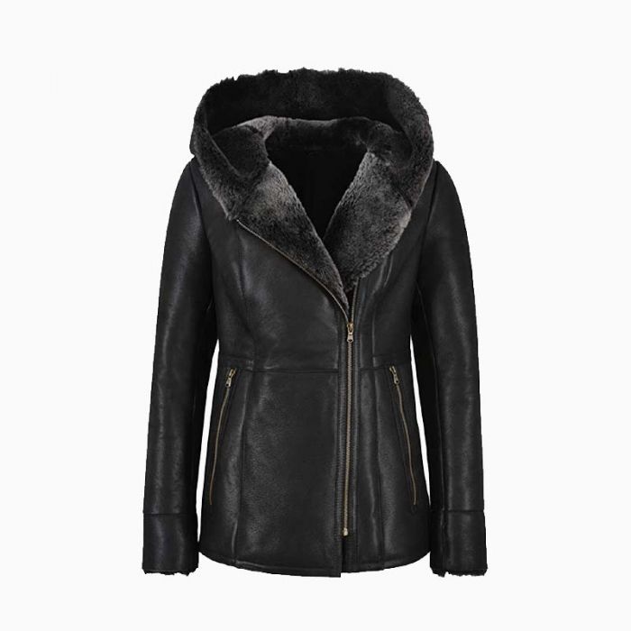 Wholesale Ladies Hooded Fur Warm Up Leather Jacket