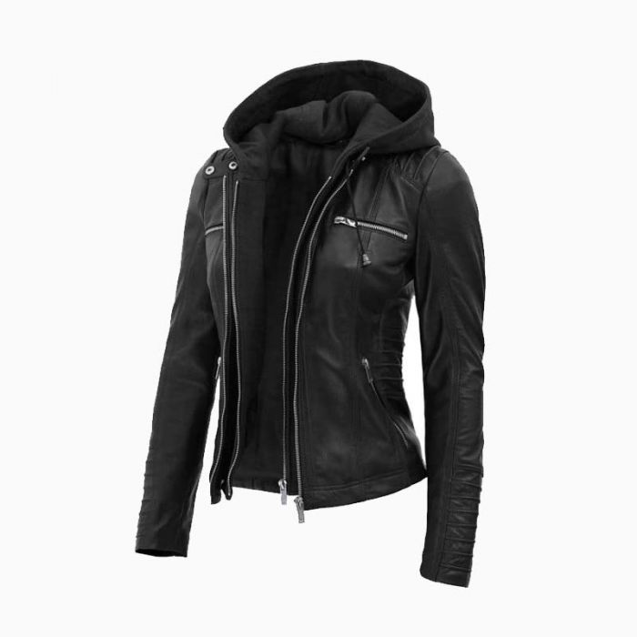 Wholesale Ladies Leather Jacket With Removable Hood