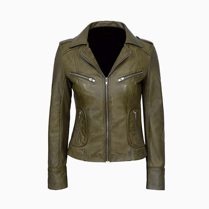 Wholesale Ladies Olive Green Biker Leather Jacket