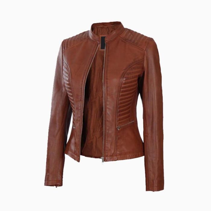 Wholesale Women's Cognac Wax Cafe Racer Leather Jacket