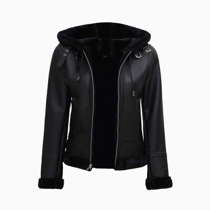 Wholesale Fur Hooded Aviator Leather Jacket for Women