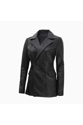 Wholesale Women Double Breasted Black Leather Blazer
