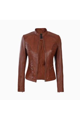 Wholesale Women&#039;s Cognac Wax Cafe Racer Leather Jacket
