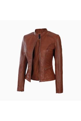 Wholesale Women's Cognac Wax Cafe Racer Leather Jacket